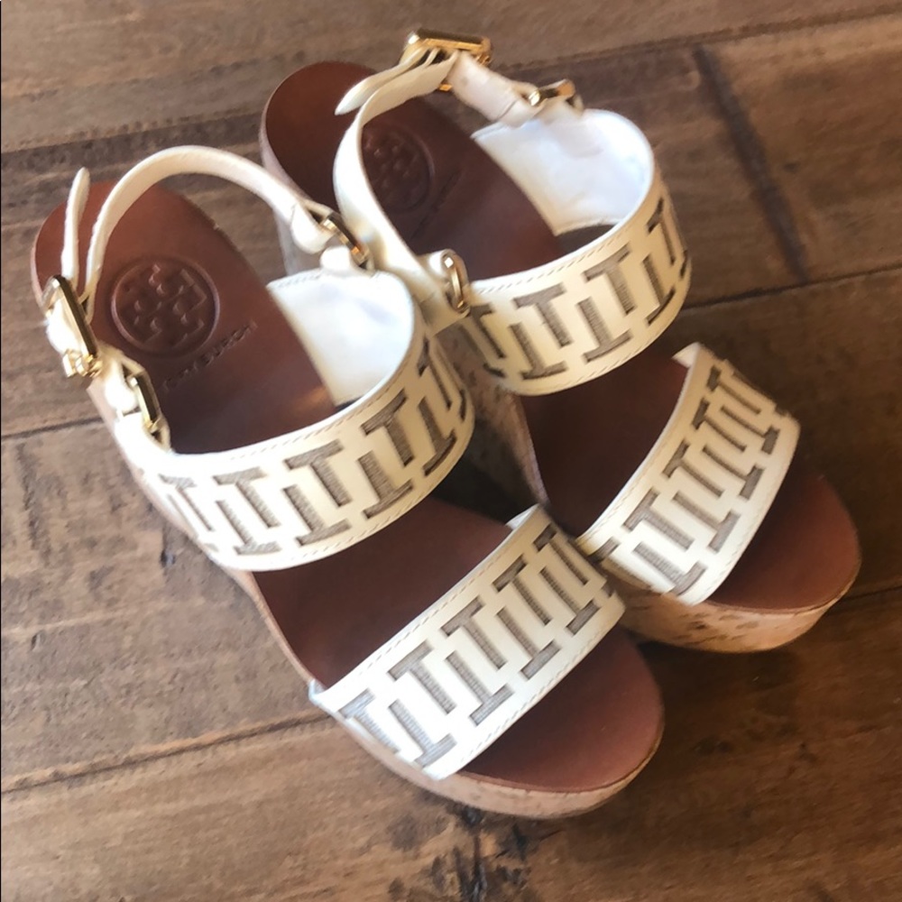 White Tory Burch wedges.  Worn less than 5 times.